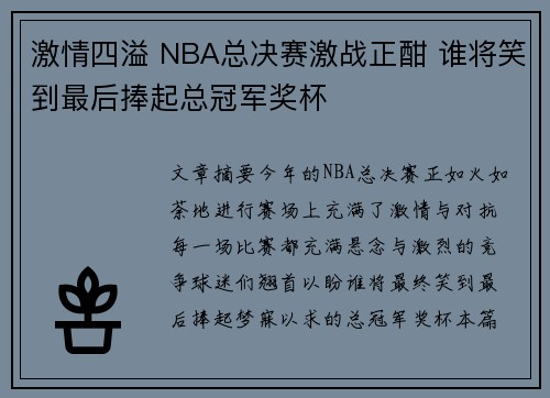激情四溢 NBA总决赛激战正酣 谁将笑到最后捧起总冠军奖杯
